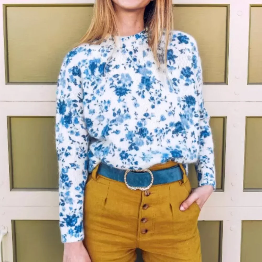 BEST Sezane Amaya Jumper Peonies Blue Ecru Ivory Floral Sweater Kid Mohair Frenc - Picture 12 of 13